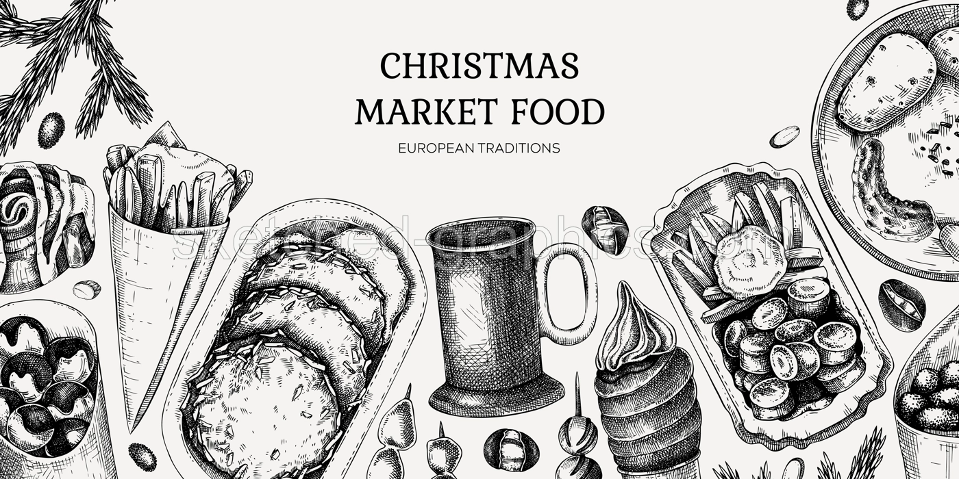 Traditional European Christmas market food background. Fast food menu design elements. Vintage hand-drawn vector illustration. Pastries, sweets, grilled sausages, hot drinks, raclette sketches. Illustration
